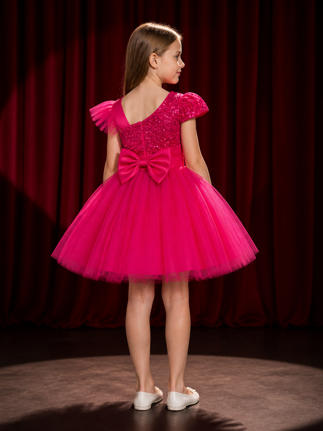 Girls' Rose Red Princess Dress, Sequined Bodice, Layered Tulle Skirt With Bow back view