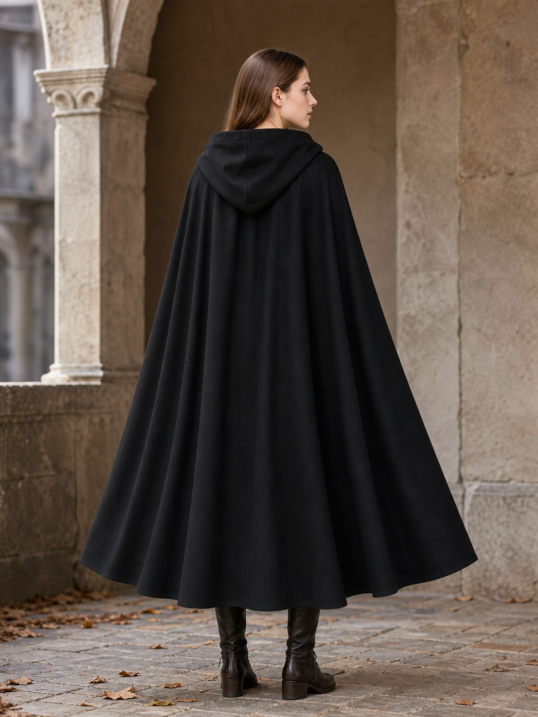 Long black hooded carnival cloak