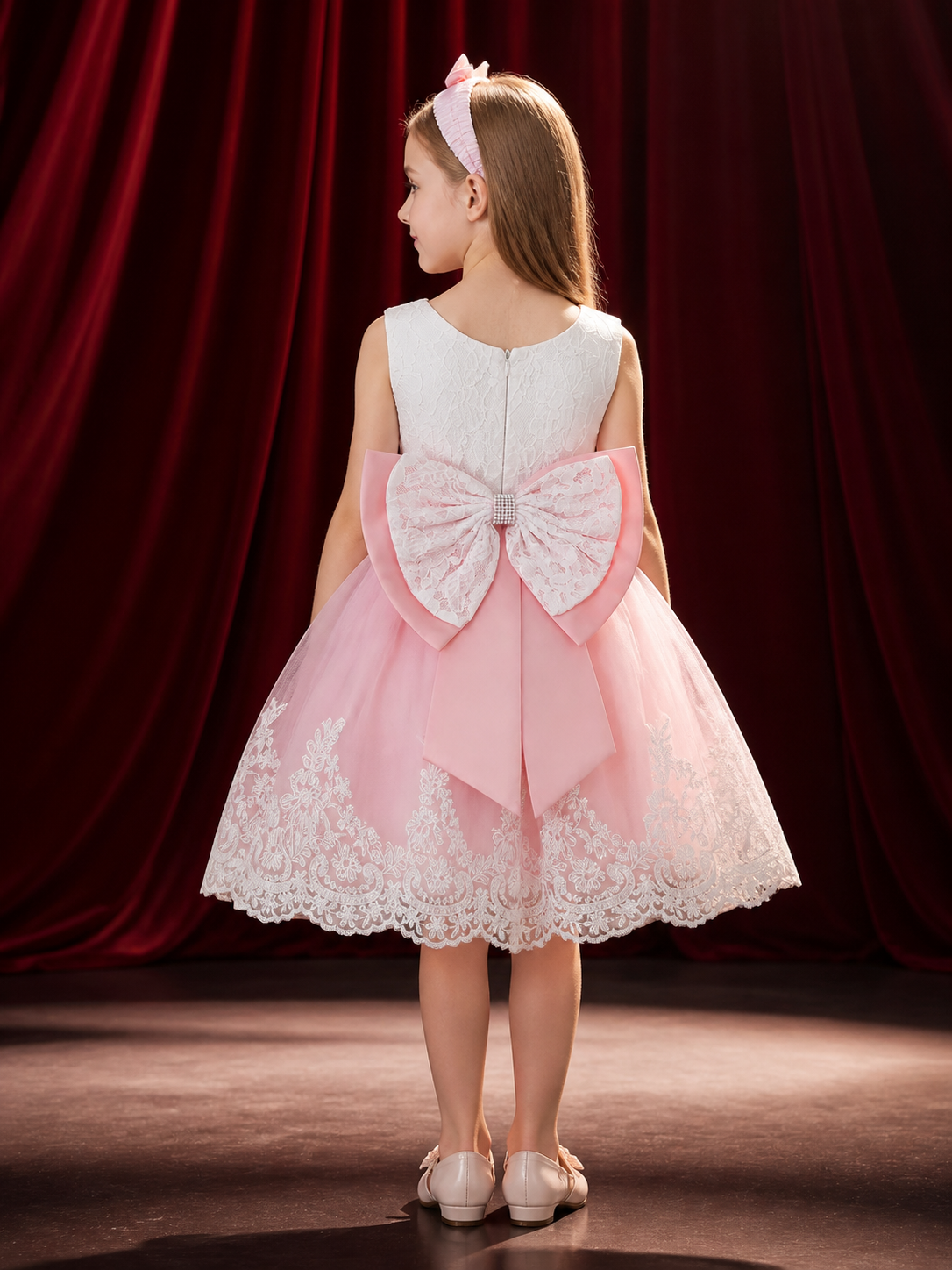 Baby Girls' Pink and White Lace Princess Dress Set with Bow, Tulle Skirt back view