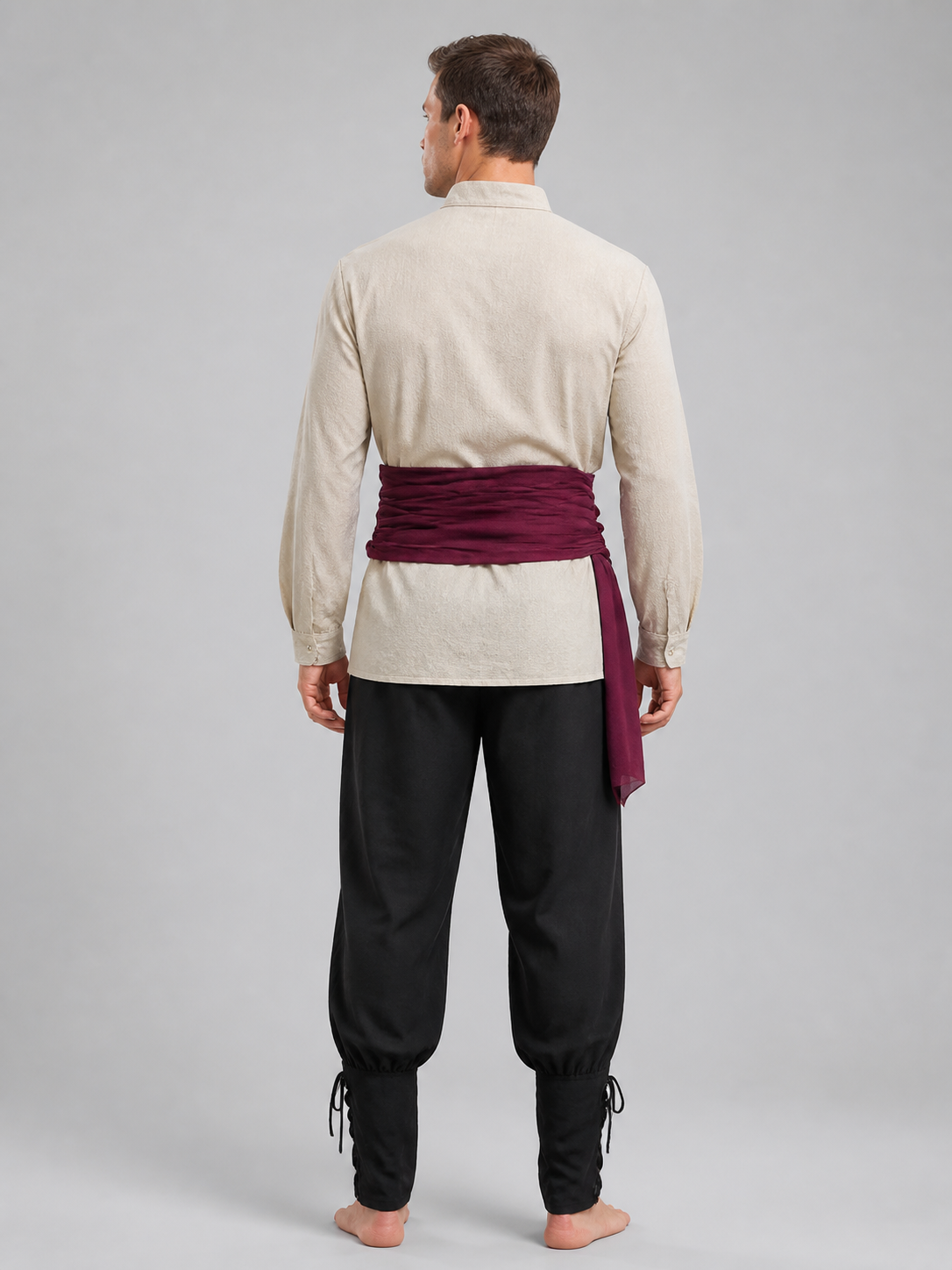 Men's pirate costume with burgundy accessories back view