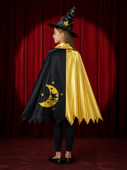 Kids Black and Gold Witch Costume Set with Cape and Pointed Hat, Moon, Bat and back view