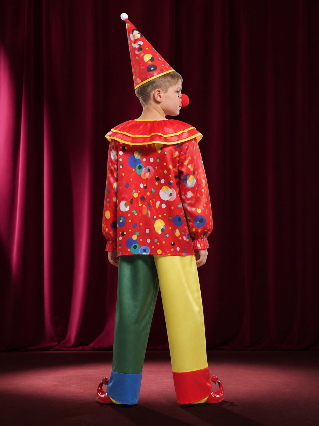 Kids' Colorful Clown Circus Costume Set with Hat and Nose, Halloween Cosplay back view