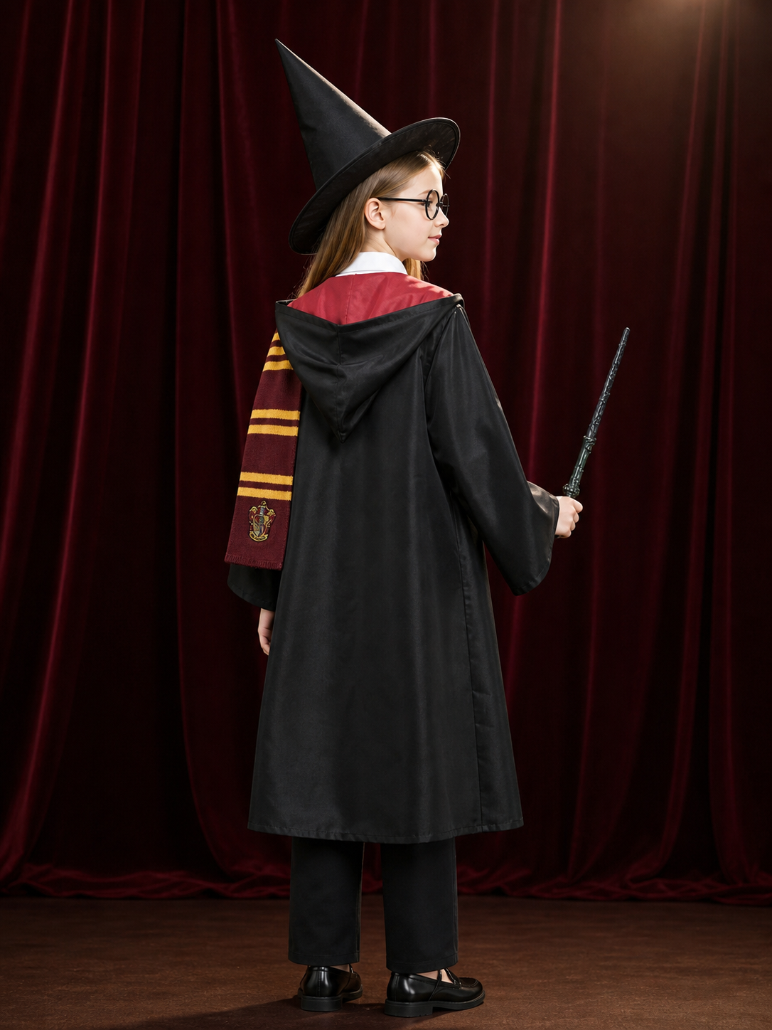 Wizard Costume Set with Hooded Robe, Scarf, Tie, Hat, Wand and Round Glasses