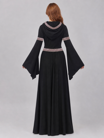 Black Gothic-Style Dress with a Hood and Wide Sleeves