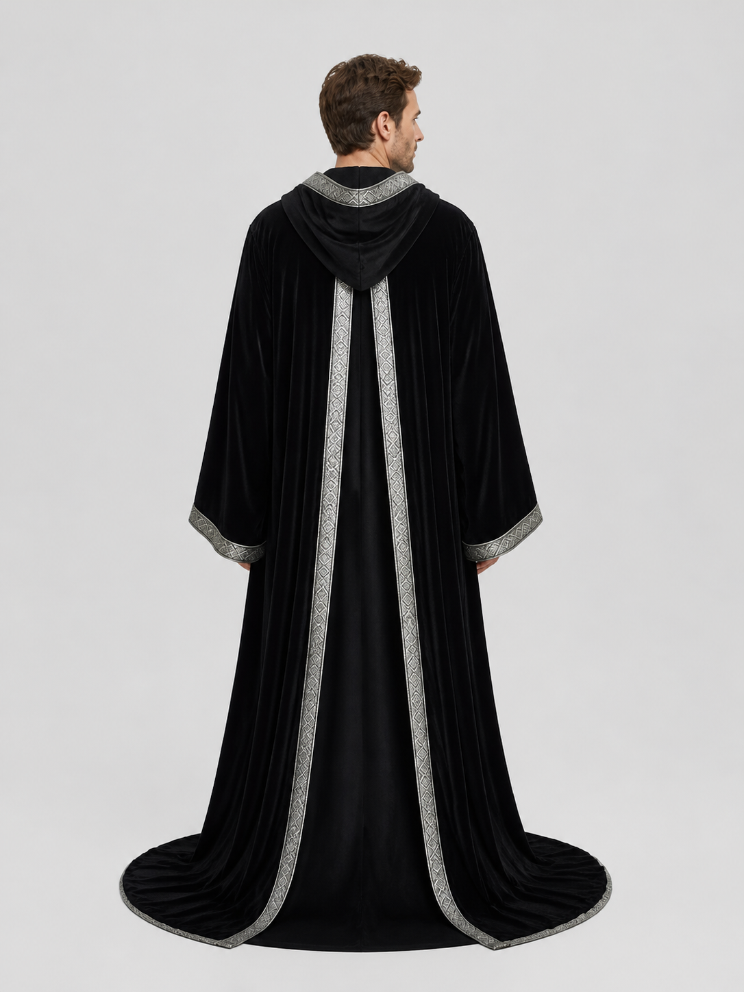 Black Hooded Halloween Cloak with Silver Trim