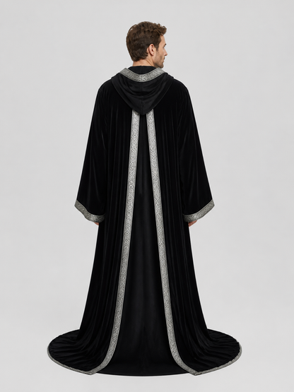 Black Hooded Halloween Cloak with Silver Trim