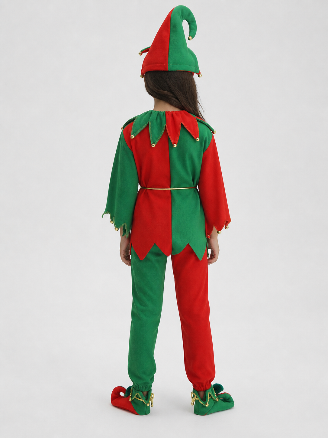 Children's Christmas elf costume in a festive red-and-green design with gold and yellow trim. The set includes a pointed hat with a curled tip and small dangling decorative elements, a long-sleeve top, pants, a gold tie belt for the waist, 