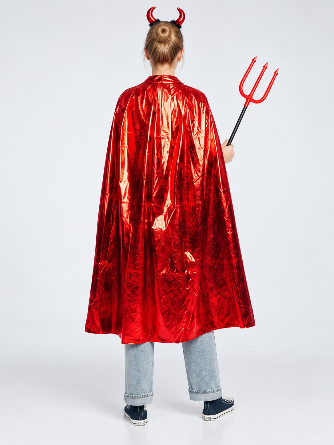 Red Costume with Cape, Horn Headband, and Trident back view