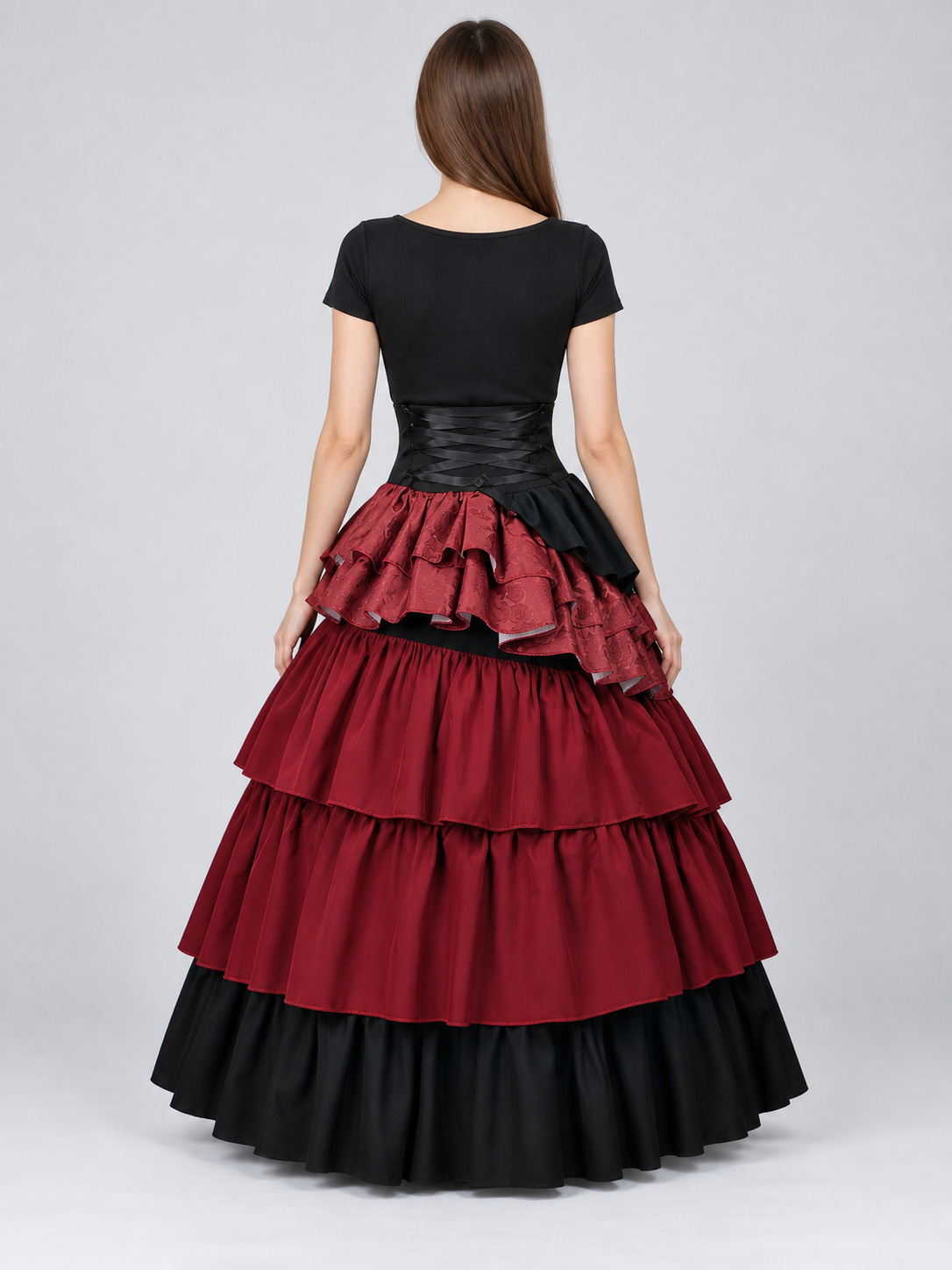 Burgundy-and-Black Tiered Skirt with Straps back view