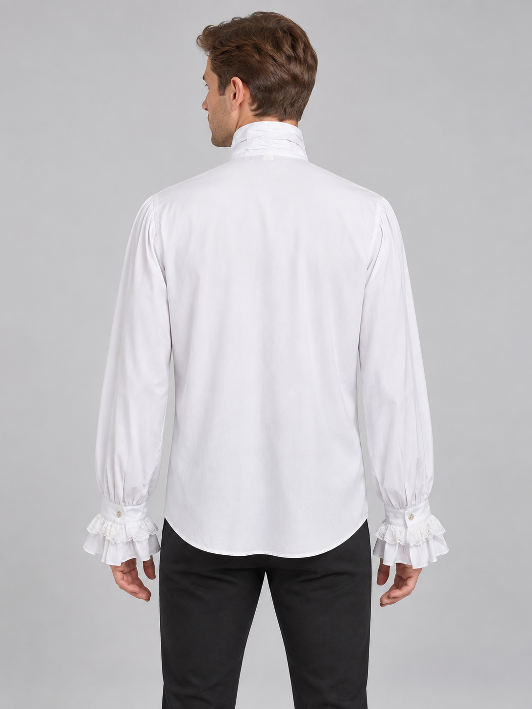 White Ruffled Jabot Shirt with High Collar and Frills