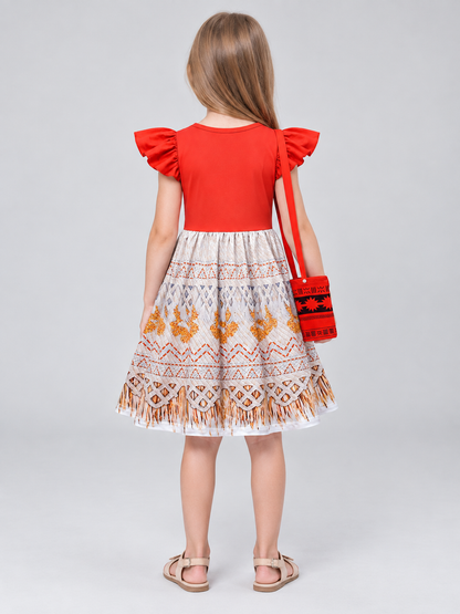 Moana-Style Red and White Dress with Fringe and Bag