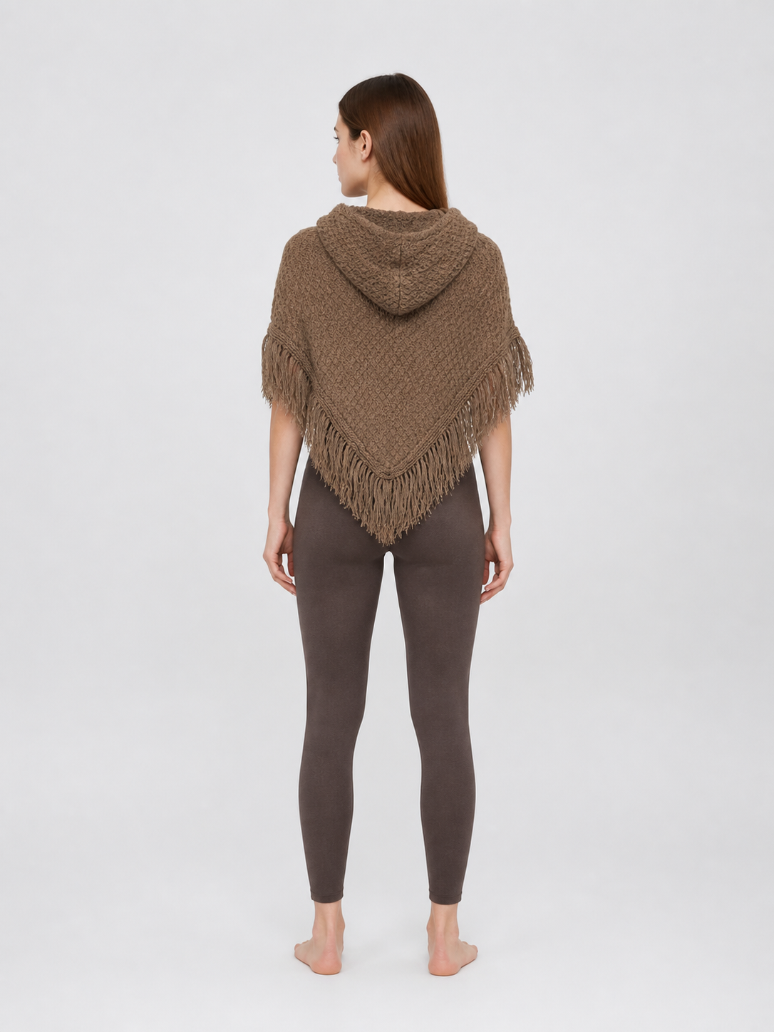 Triangle Hooded Cape with Fringe, Brown back view