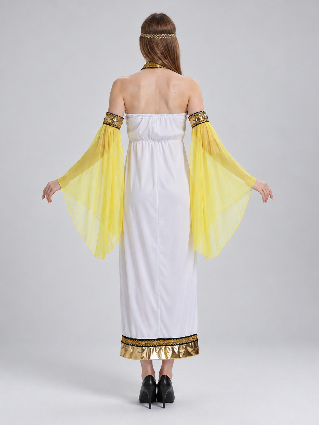 Carnival Costume with a White Dress and Yellow Sleeves back view