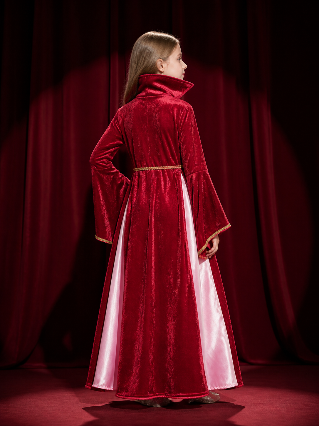Vintage Royal Court Dress and Cape Set, Gold Trimmed Princess Halloween Costume back view