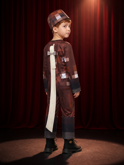 Kids Blocky Armor Costume Jumpsuit with Pixel Pattern, Halloween Outfit back view
