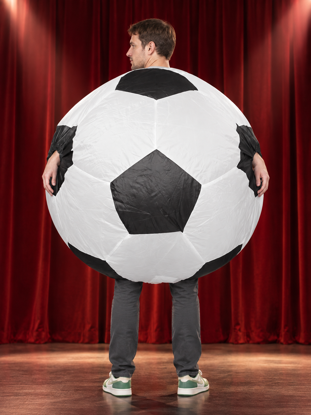 Inflatable carnival costume black and white with a soccer pattern