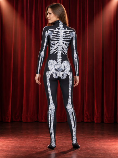 Skeleton Halloween Costume Black Tight Jumpsuit