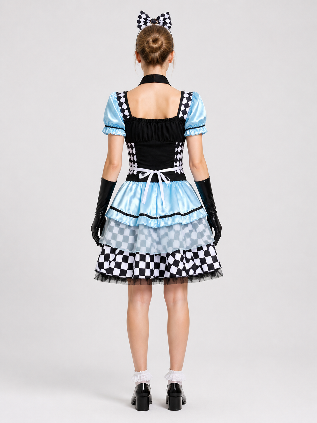 Puffy Carnival Dress with Checkerboard Print and Mushrooms back view