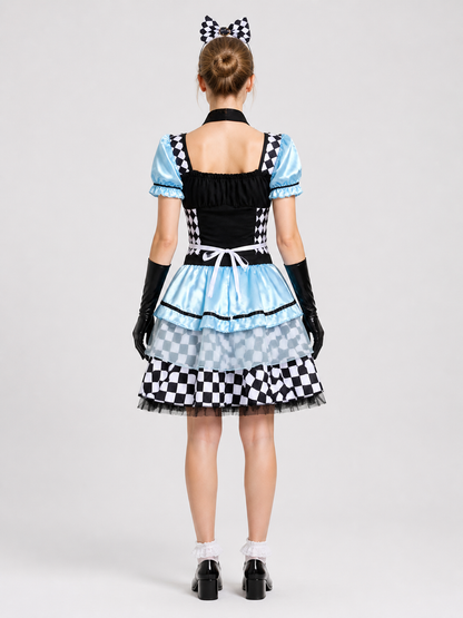 Puffy Carnival Dress with Checkerboard Print and Mushrooms back view