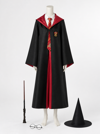 Kids Red And Black Wizard Robe Costume Set With Hat, Tie, Wand And Glasses back view