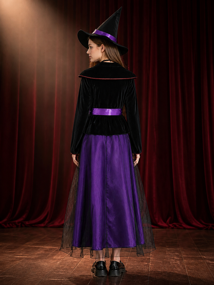 Girls Black Purple Witch Costume Set With Hat, Belt & Necklace For Halloween back view