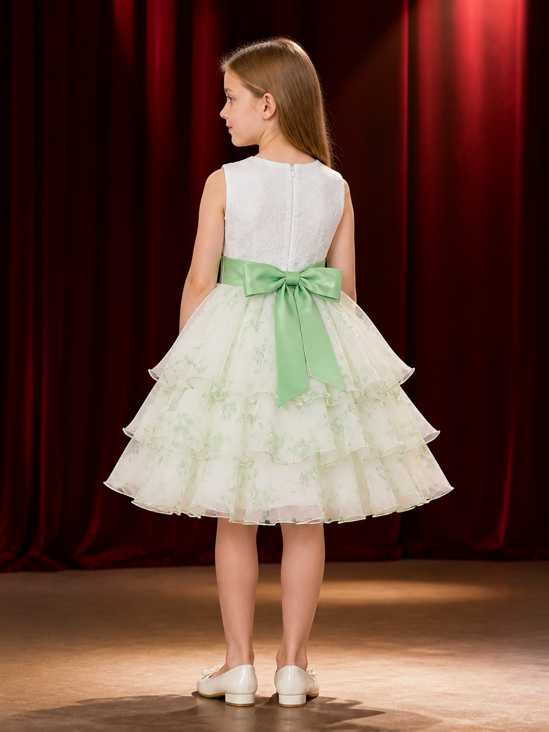 Toddler Girls' Princess Dress, White Lace Bodice, Mint Green Bow and Layered