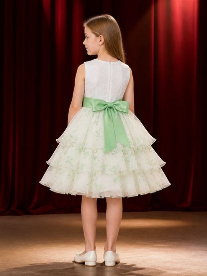 Toddler Girls' Princess Dress, White Lace Bodice, Mint Green Bow and Layered