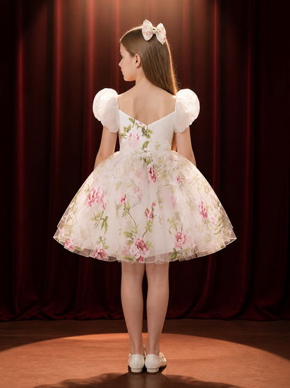 Toddler Girls' White Floral Princess Dress Set with Puff Sleeves and Bow Hair back view