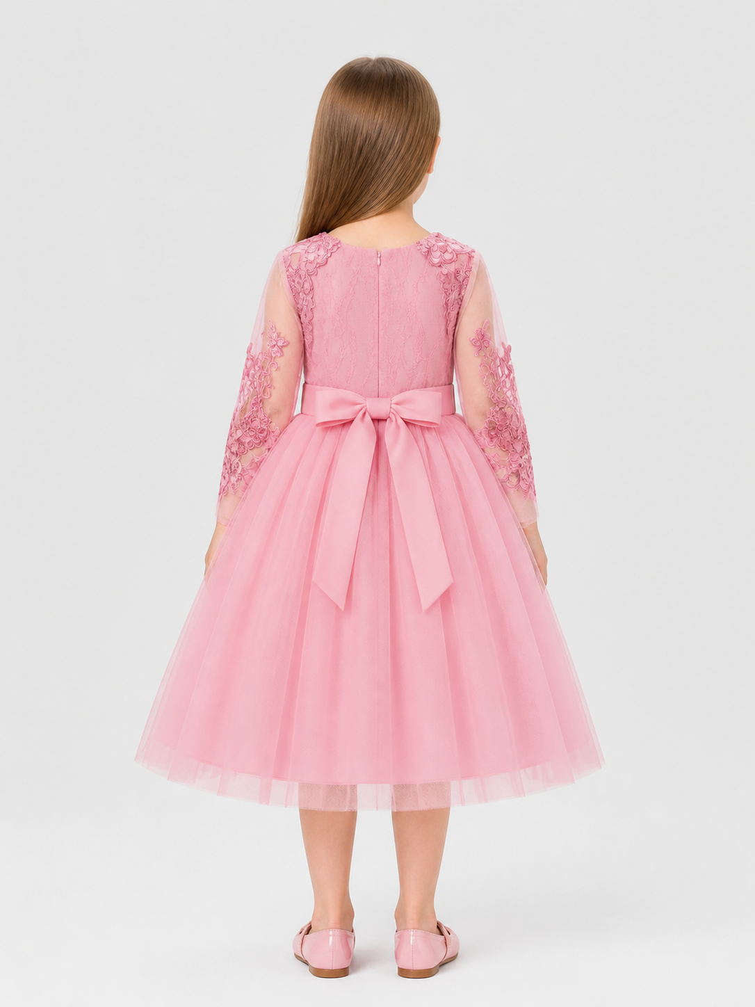 Full Skirted Girls' Dress with Cape and Bow back view