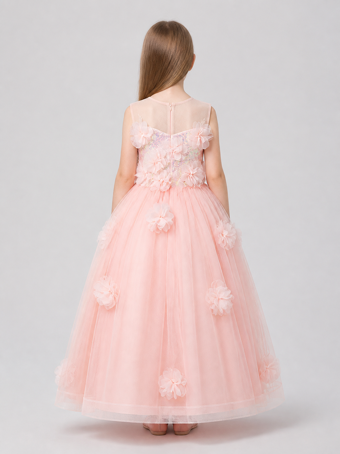 Girls’ Princess Dress with Sequins and Floral Décor back view