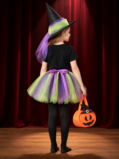 Girls' Witch Costume Set with Pointed Hat, Tutu Skirt, Pumpkin Bag and Tights back view