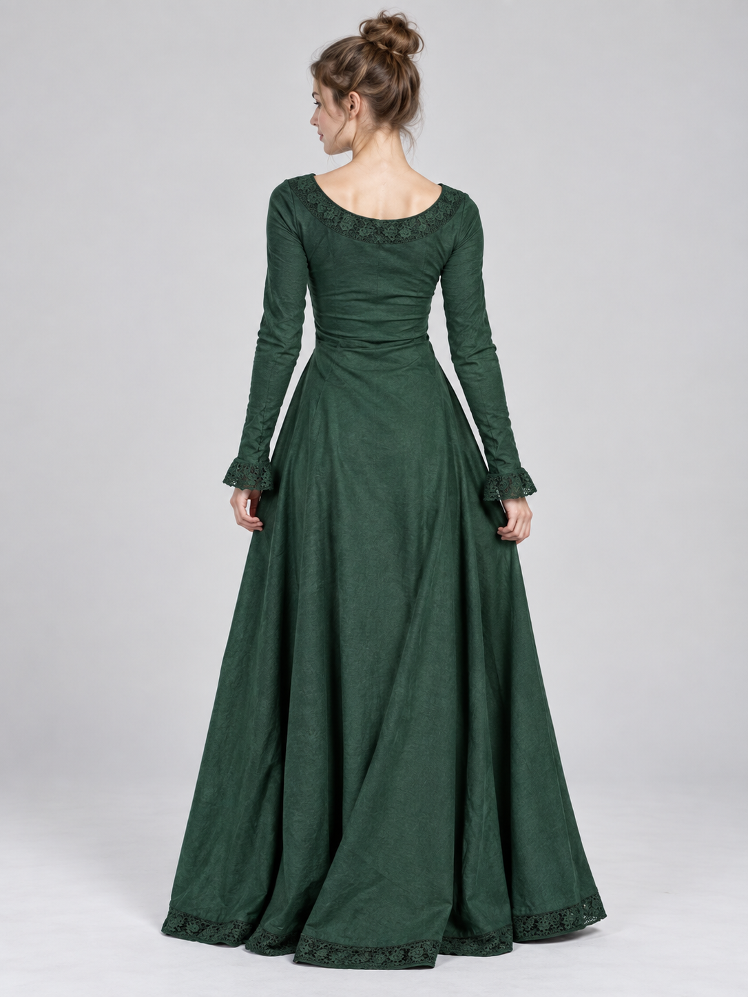 Green Long Vintage Dress with Lace and Draping