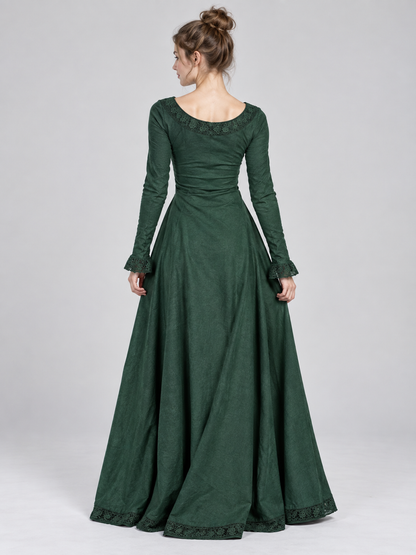 Green Long Vintage Dress with Lace and Draping