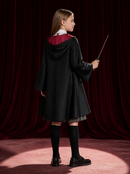 Kids Wizard Costume Set With Hooded Robe, Vest, Skirt And Wand back view