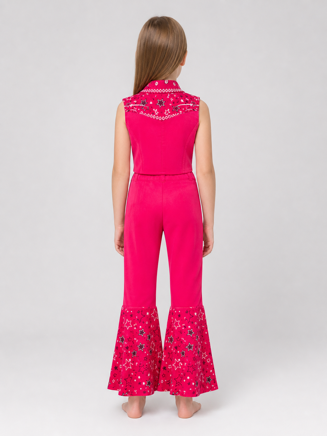 Barbie-style cosplay set consisting of two pieces: a cropped sleeveless top and flared-leg pants. The top resembles a vest with a front button closure, a decorative yoke, and a styled collar area. The pants have a high waist, front lacing, 