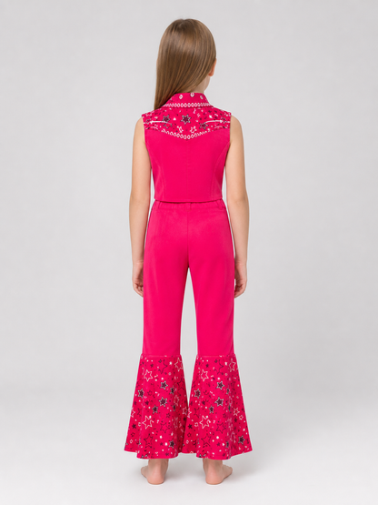 Barbie-style cosplay set consisting of two pieces: a cropped sleeveless top and flared-leg pants. The top resembles a vest with a front button closure, a decorative yoke, and a styled collar area. The pants have a high waist, front lacing, 