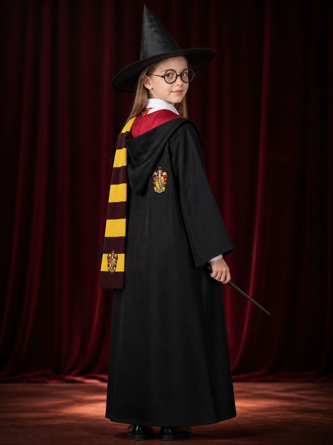 Hooded Wizard Costume Set with Robe, Hat, Scarf, Tie, Glasses, Shirt and Wand back view