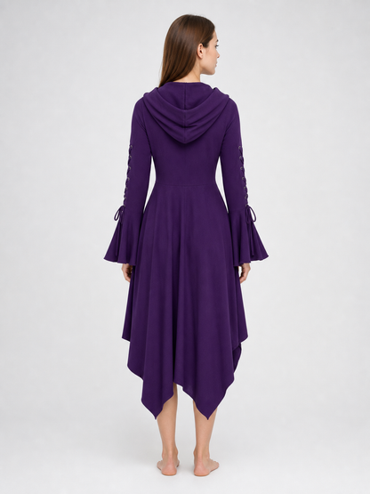 Gothic Hooded Dress with Flare and Asymmetry