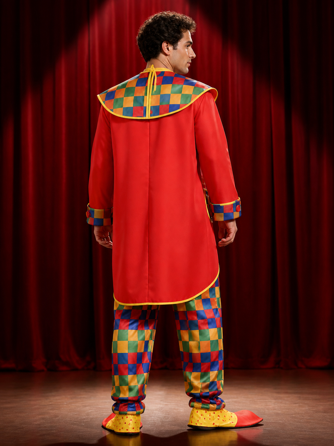 Unisex Clown Circus Costume Set, Multicolor Checkered Coat and Jumpsuit with Bow
