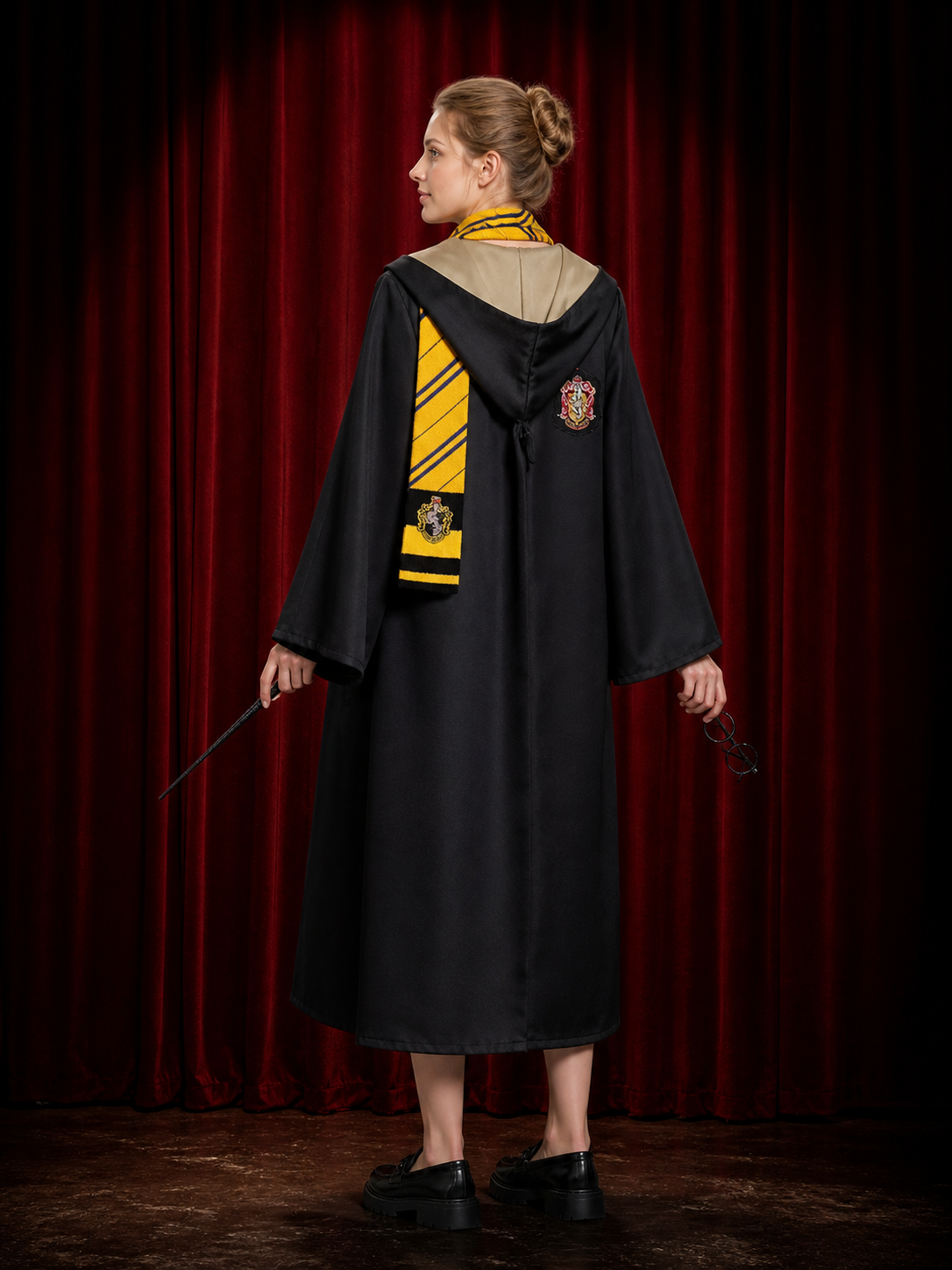 Kids Wizard Robe Hooded Costume Set with Tie, Scarf, Glasses & Wand - Yellow and back view