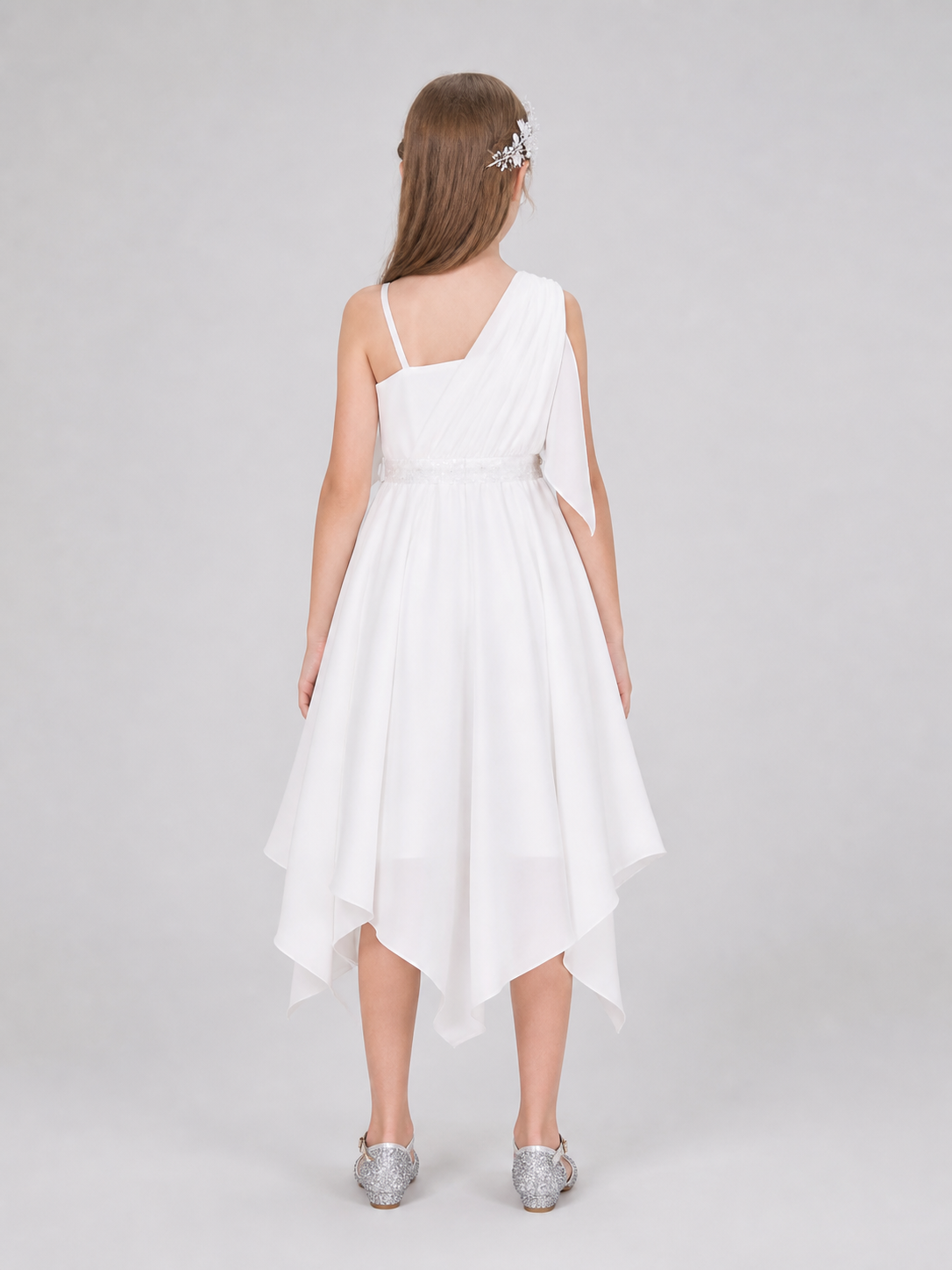 White Dressy Children's Dress with an Asymmetrical Skirt back view
