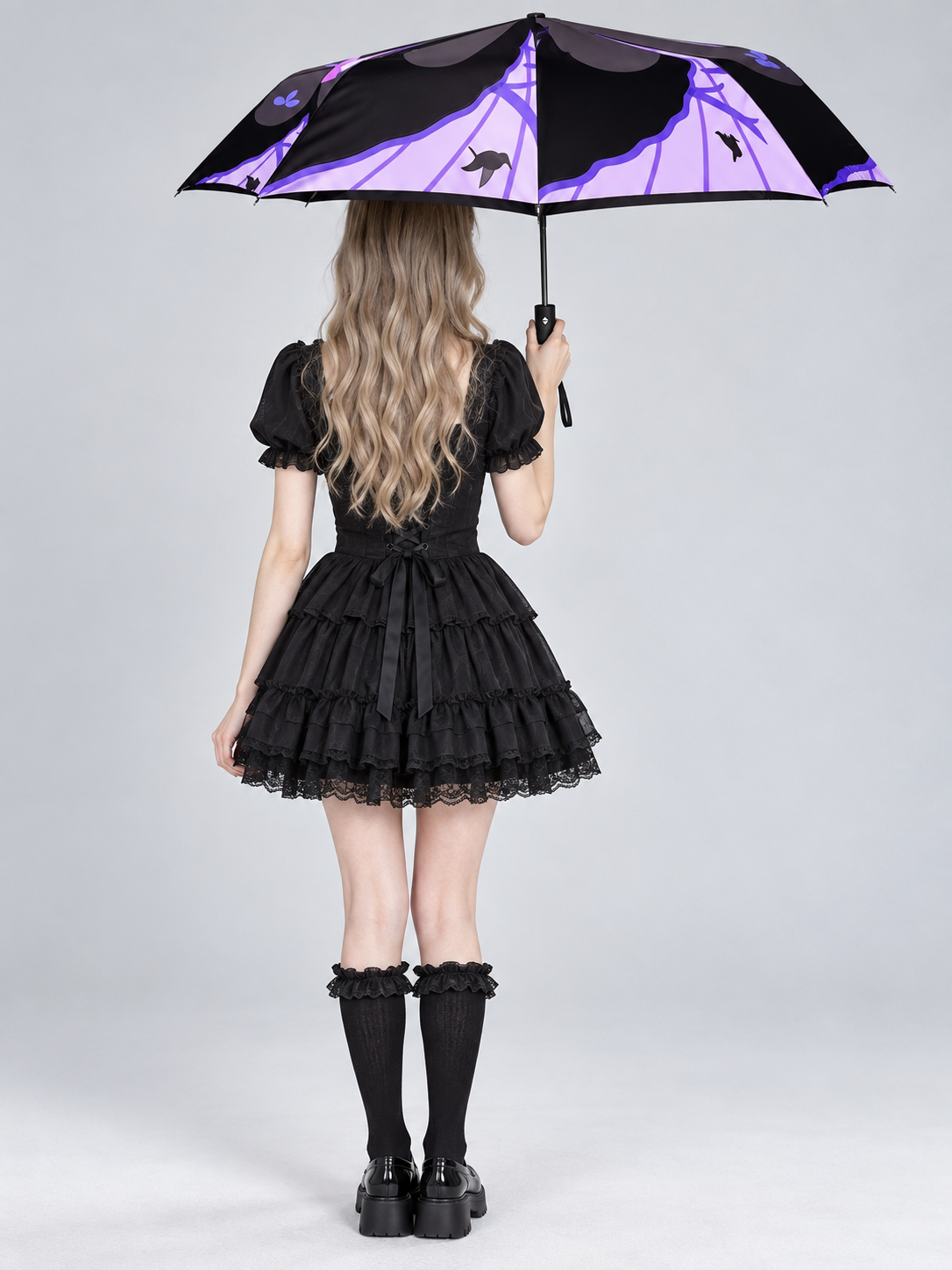 Foldable Automatic Umbrella Black and Purple with Print