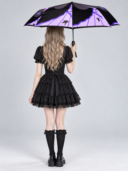 Foldable Automatic Umbrella Black and Purple with Print