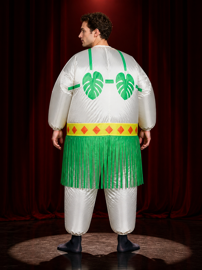 Green Leaf Print Long Sleeve Costume Dress with Fringe Trim for Adults back view