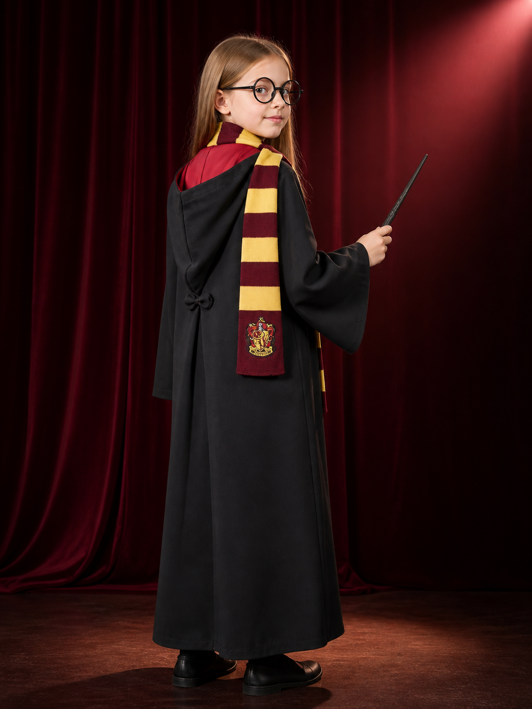 Hooded Black Wizard Robe Costume Set With Scarf, Tie, Wand And Glasses back view