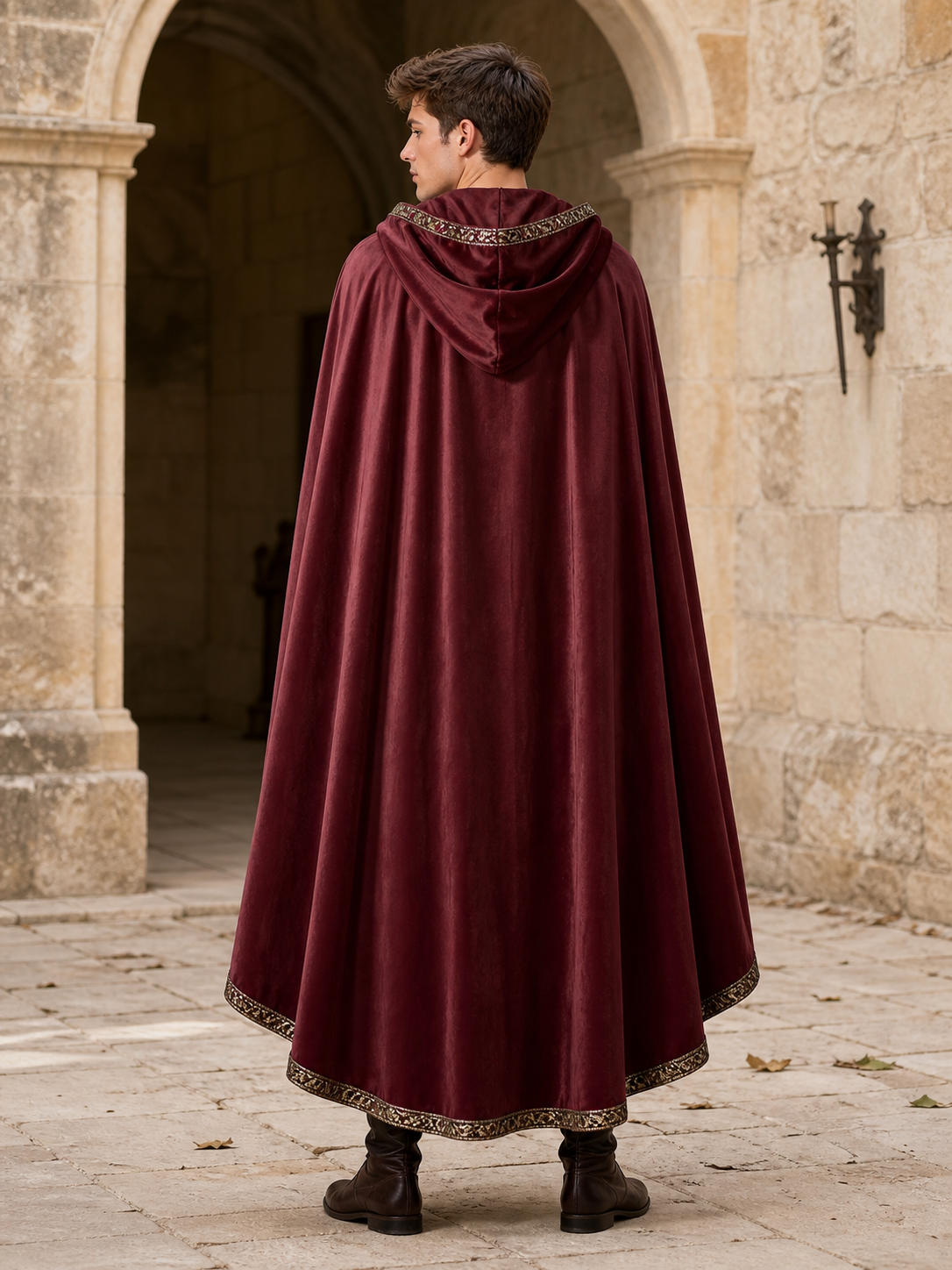 Burgundy velvet-look hooded costume cape product view 53