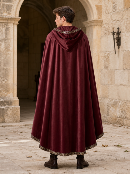 Burgundy velvet-look hooded costume cape product view 53