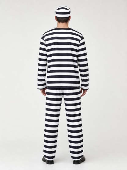 Striped prisoner costume with cap and handcuffs