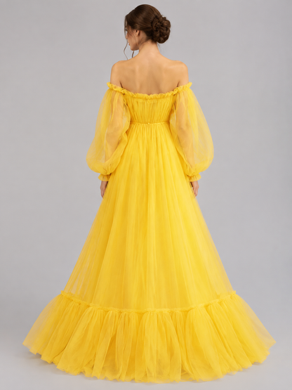 Long Yellow Dress with Puff Sleeves and Ruffle back view