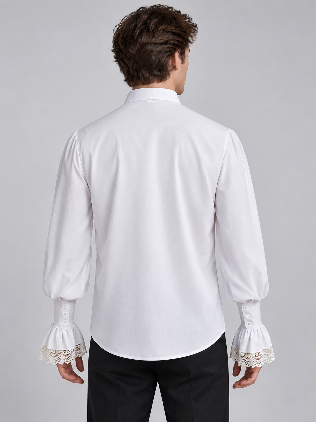 White shirt with ruffles, lace, and a stand collar